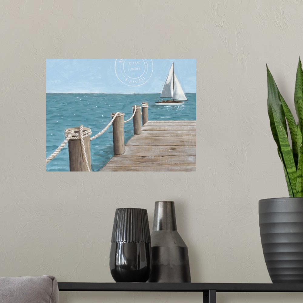 A modern room featuring Painting of a dock leading out to the ocean with a sailboat in the distance.