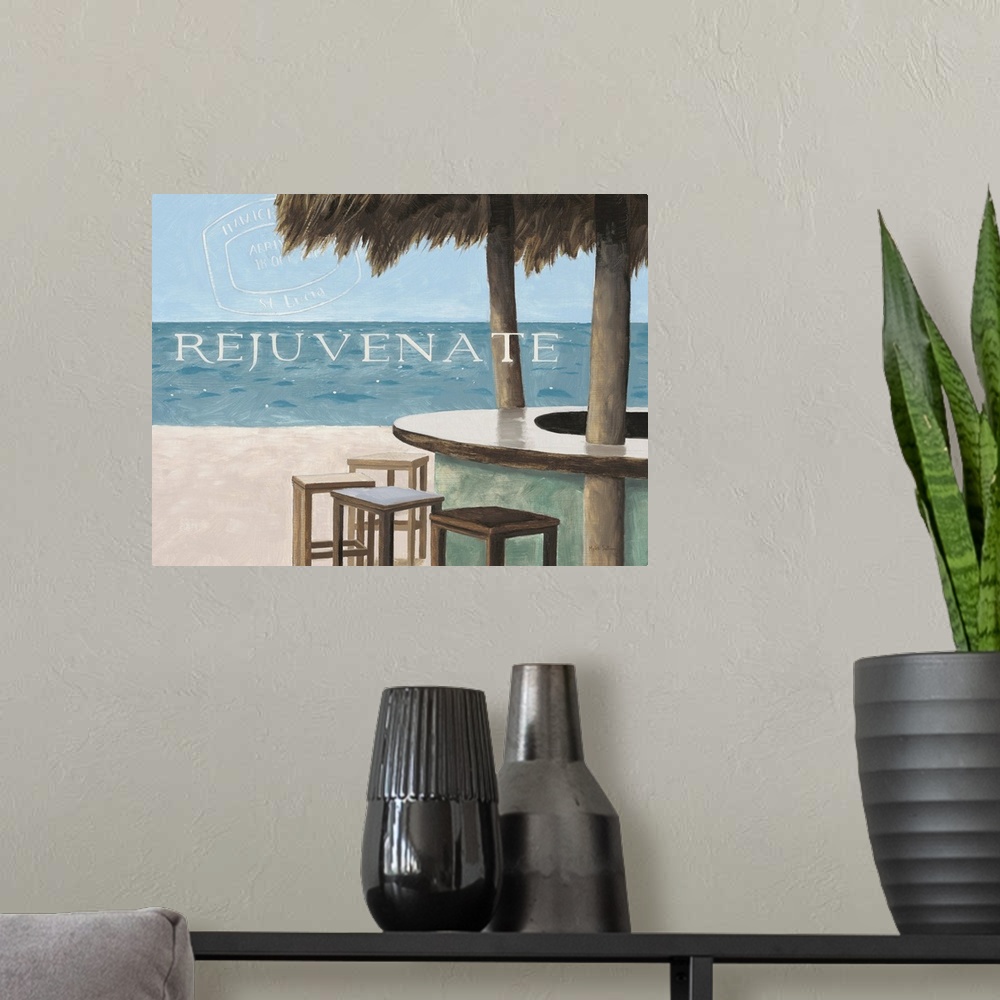 A modern room featuring Painting of a oceanside bar overlooking the water and sandy beach, with the word "Rejuvenate."