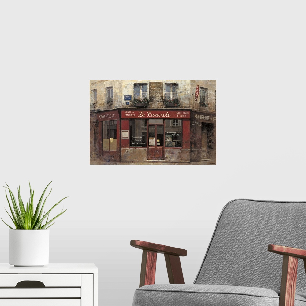 A modern room featuring Contemporary painting of a restaurant storefront downtown in a city.