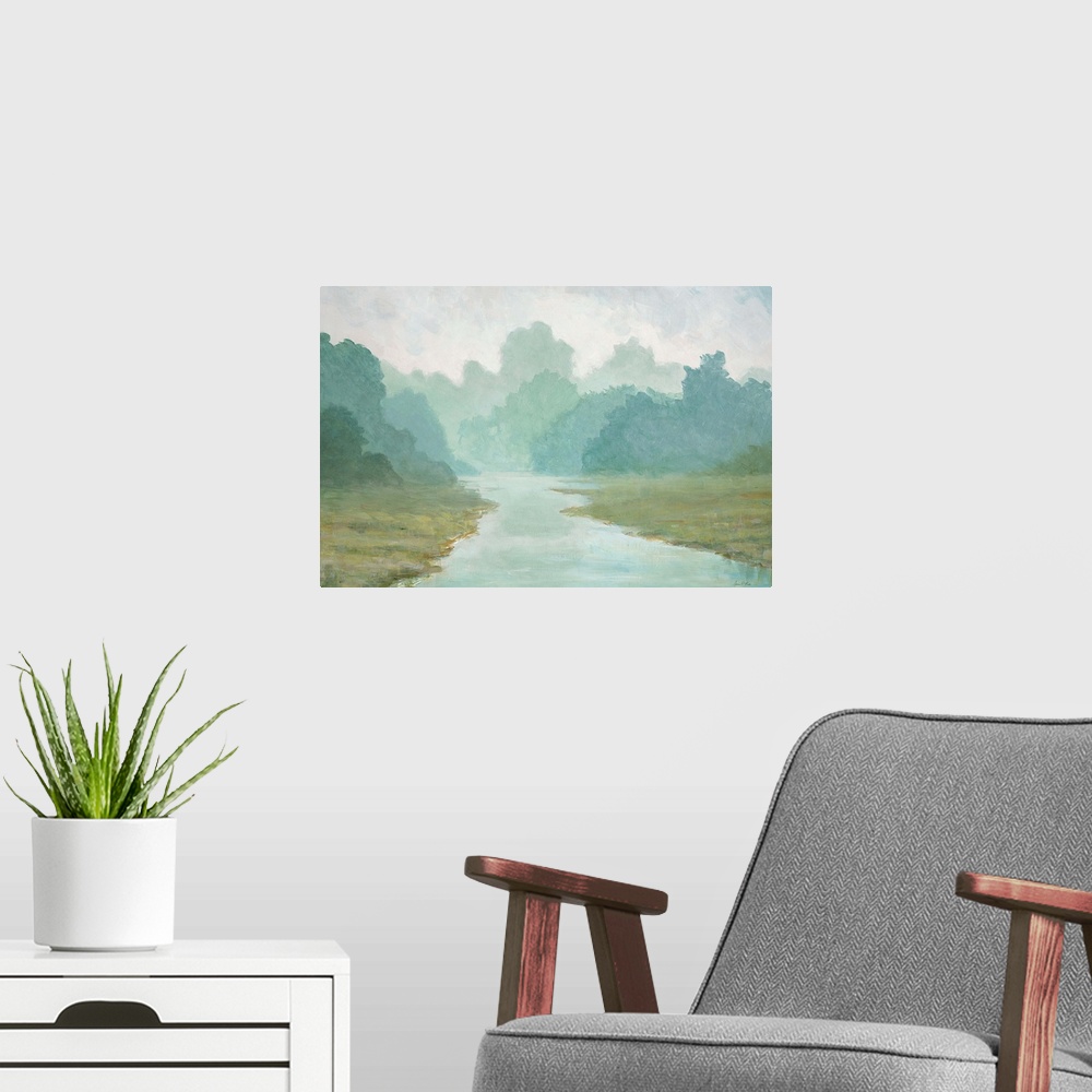 A modern room featuring Contemporary painting of a river in a field lined with trees on a misty morning.