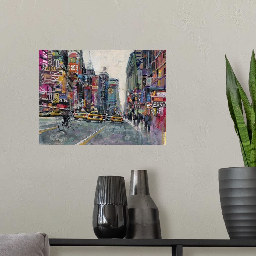A modern room featuring Contemporary painting of crowded city streets filled with taxi cabs.