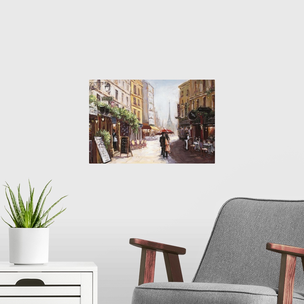 A modern room featuring Contemporary artwork of a couple in a loving embrace walking by a cafe in Paris.