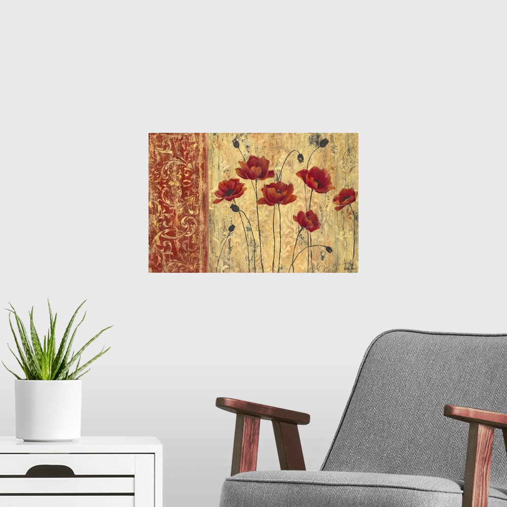 A modern room featuring Small group of painted anemone flowers on an earthy background with a red pattern on the side.