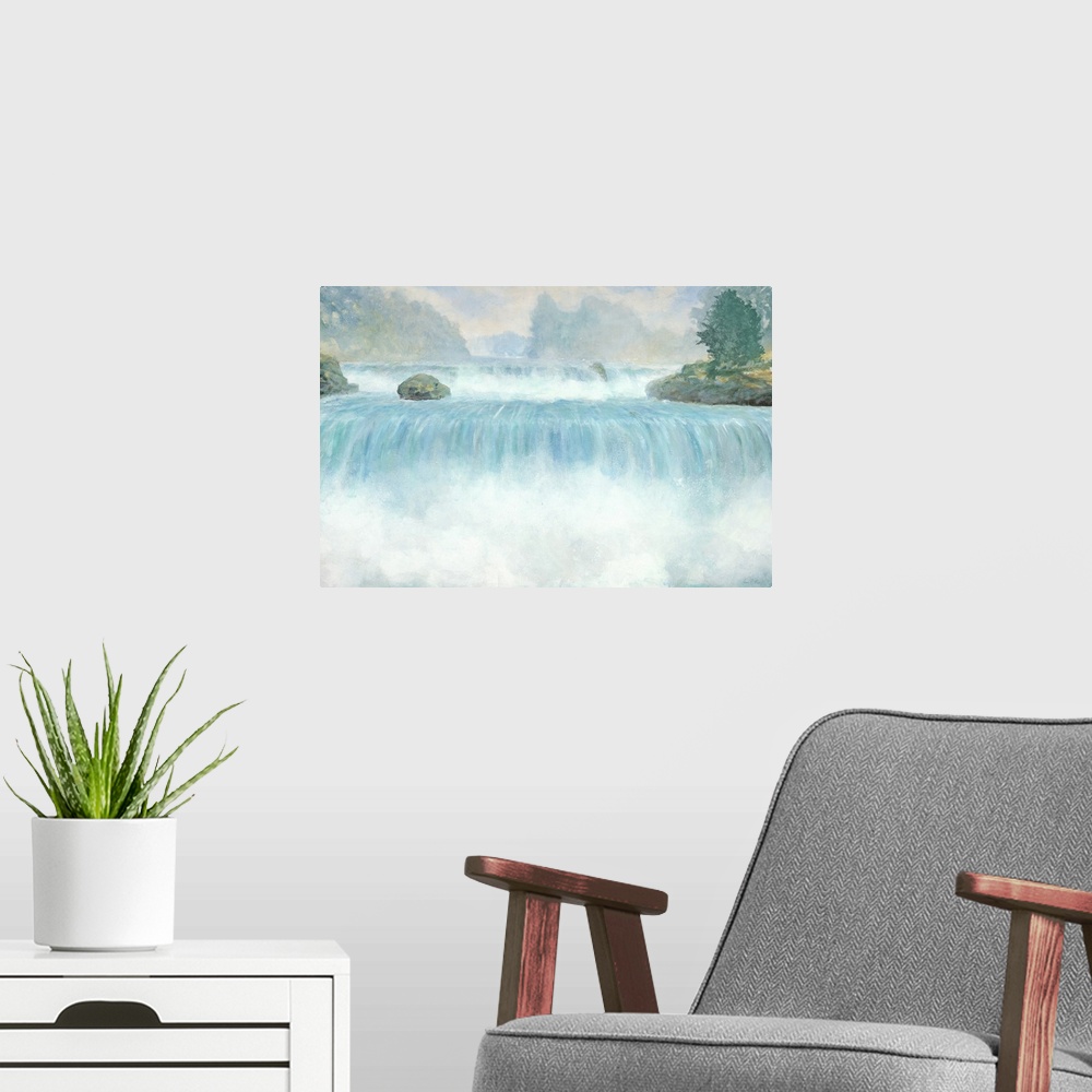 A modern room featuring Contemporary art print of a rushing waterfall with cool blue water.