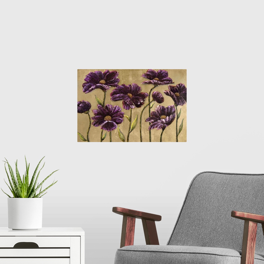A modern room featuring Home decor artwork of a dark purple flowers against a brown background.