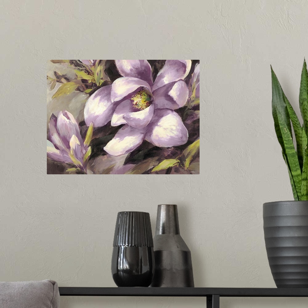 A modern room featuring Contemporary painting of a purple magnolia flower.