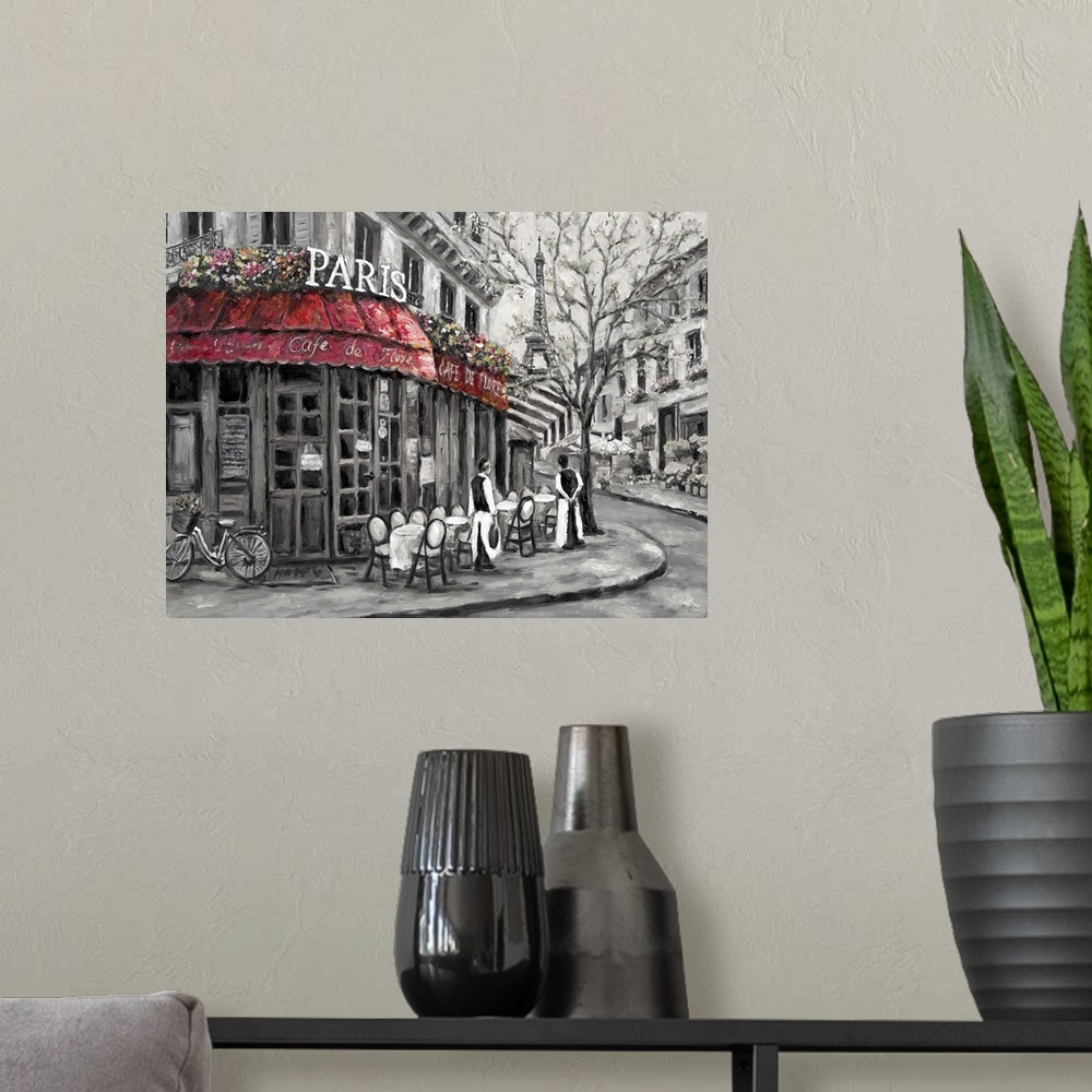 A modern room featuring Painting of a street scene in Paris, France, near an outdoor cafe.