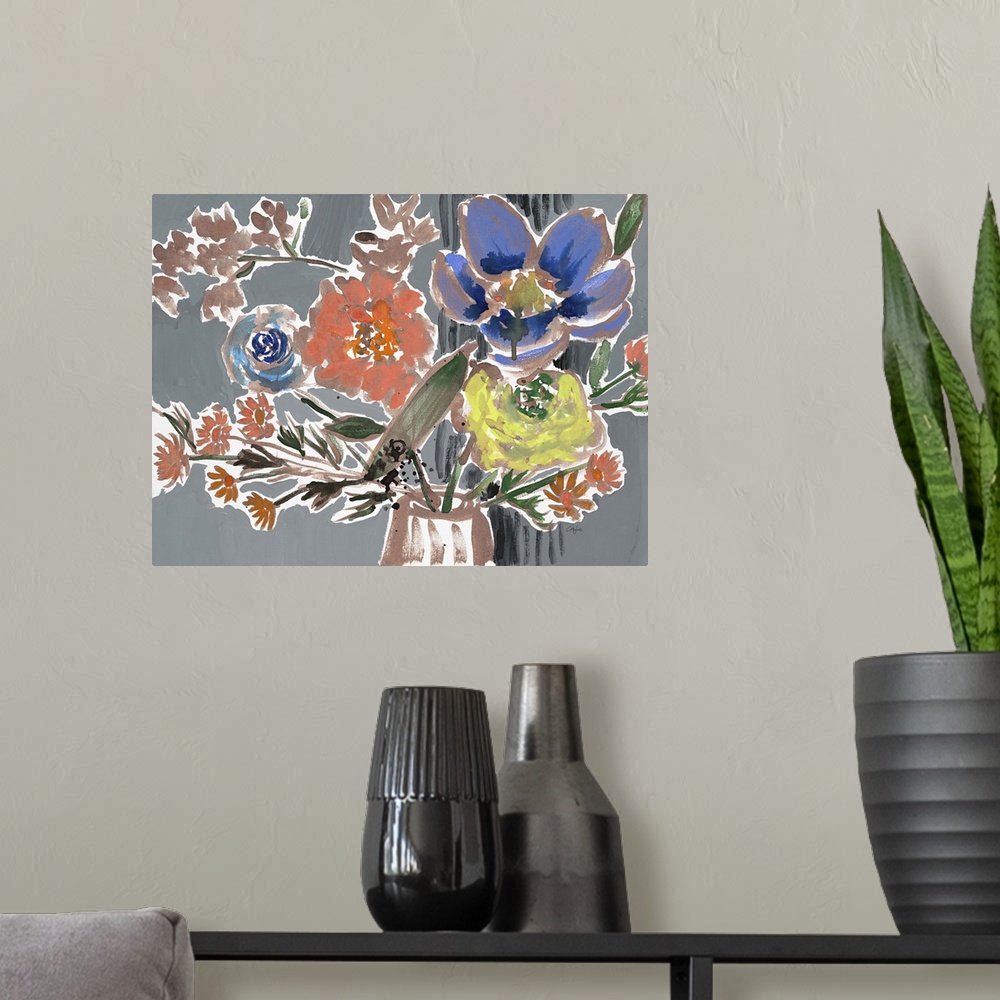 A modern room featuring Watercolor painting of a bouquet of orange, yellow, and blue flowers on grey.