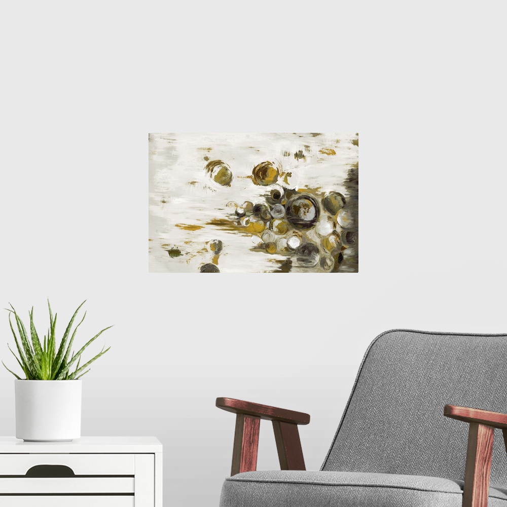 A modern room featuring Home decor abstract artwork of dark dingy green circles of different sizes against a neutral back...