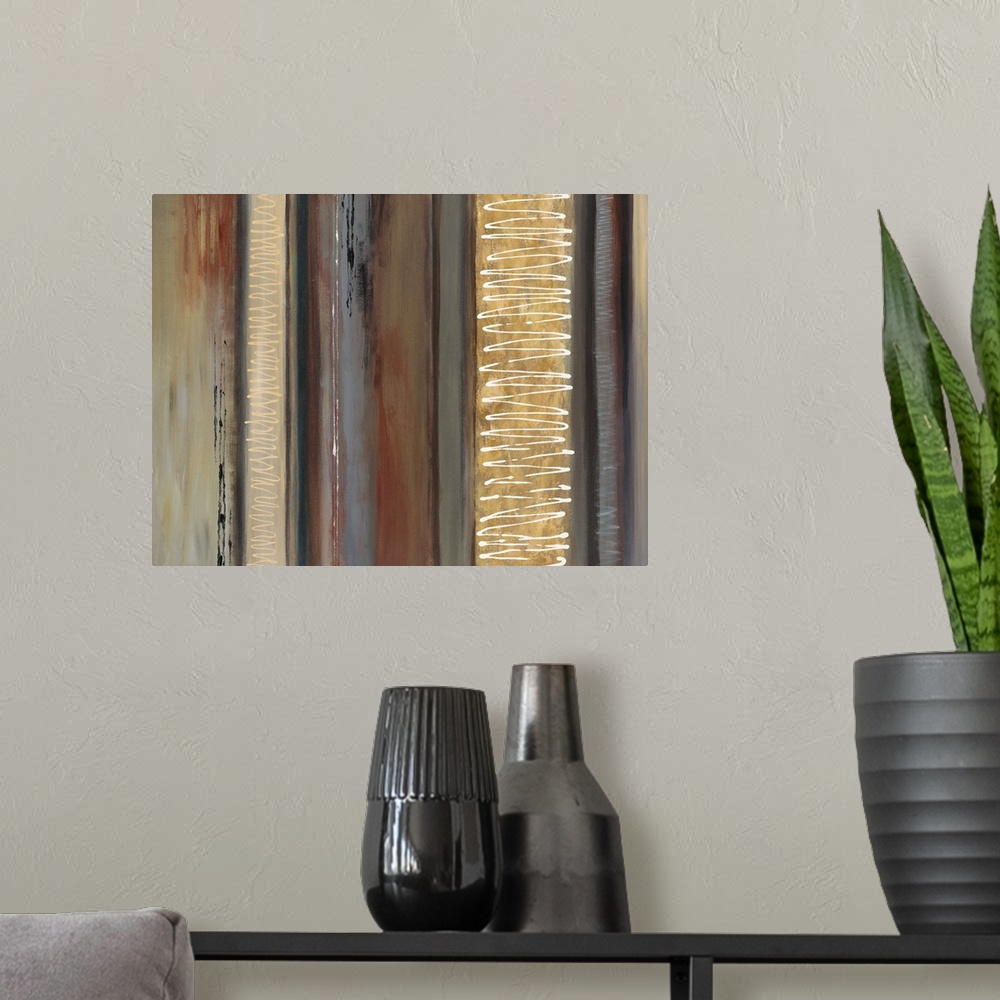 A modern room featuring Contemporary abstract painting of vertical lines with different patterns in earthy colors.