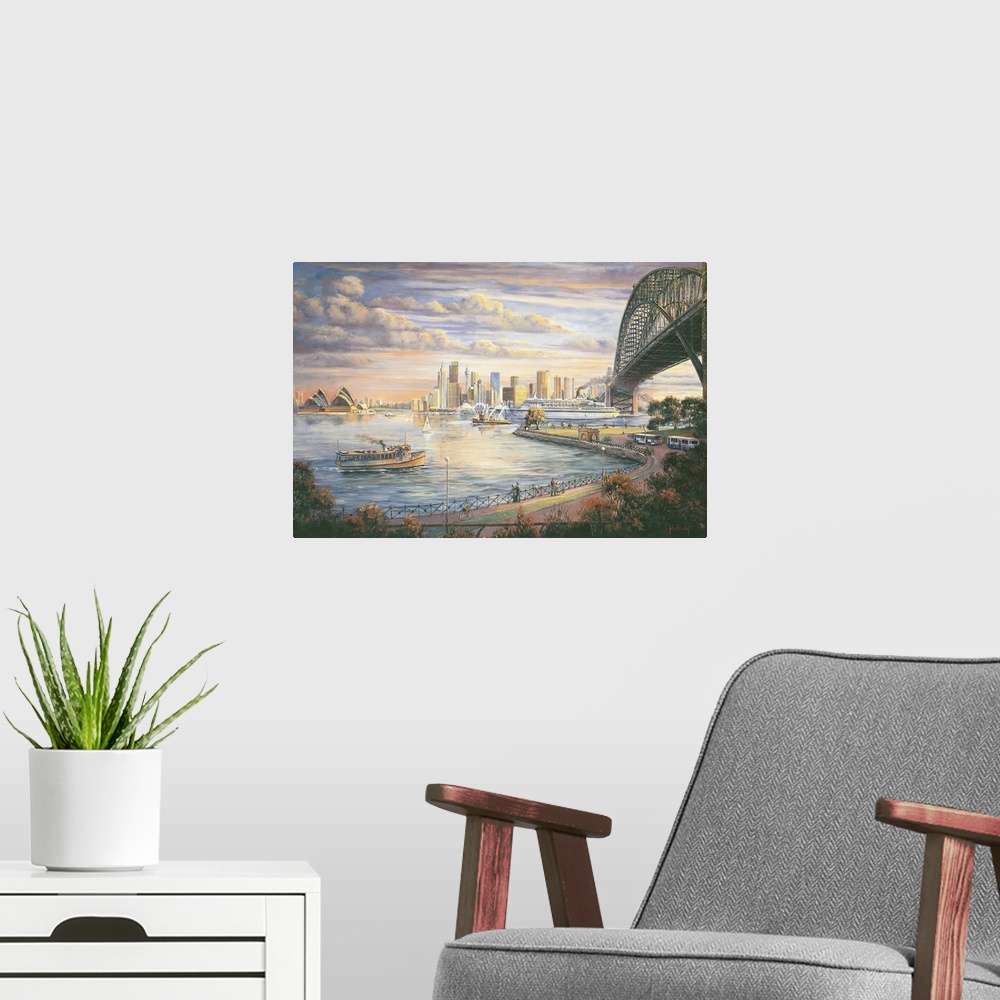 A modern room featuring Contemporary painting of the Sydney skyline.