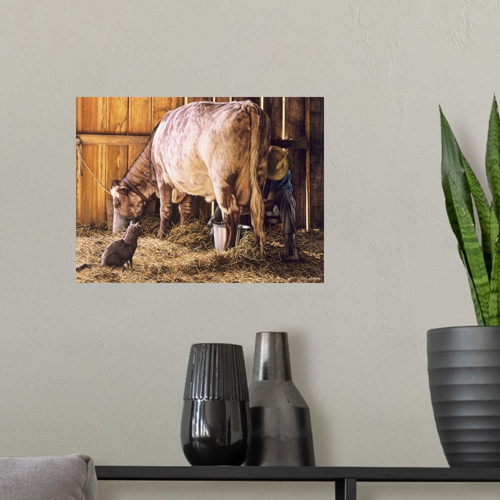 A modern room featuring Farmer milking a cow in the barn as a cat watches.