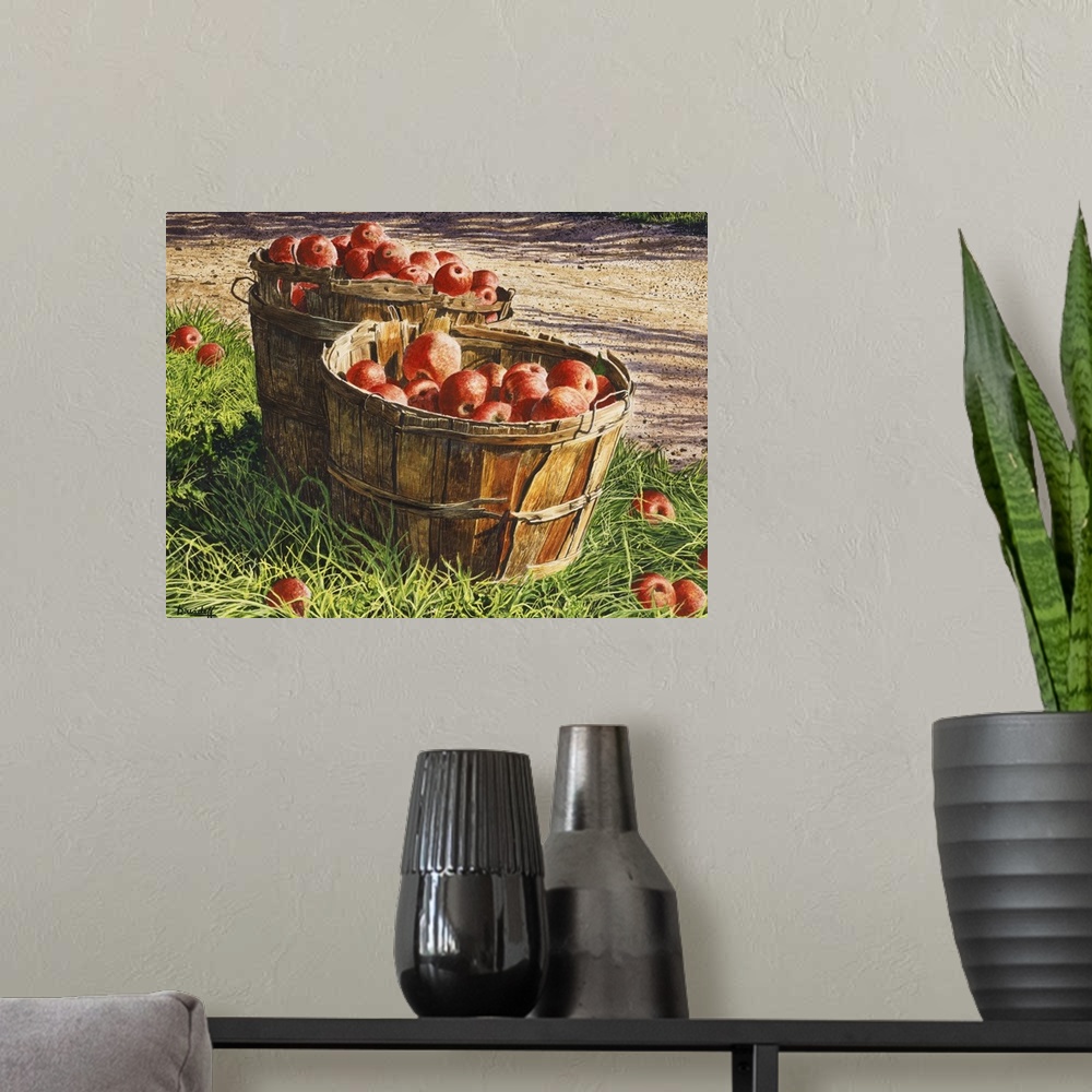 A modern room featuring Contemporary painting of a bushels of apples.