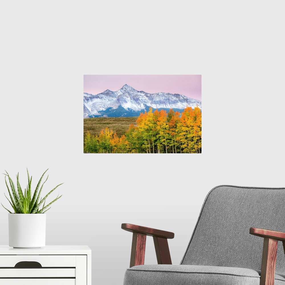 A modern room featuring Beautiful, bright landscape photograph of colorful Fall trees in the foreground, snowy mountains ...