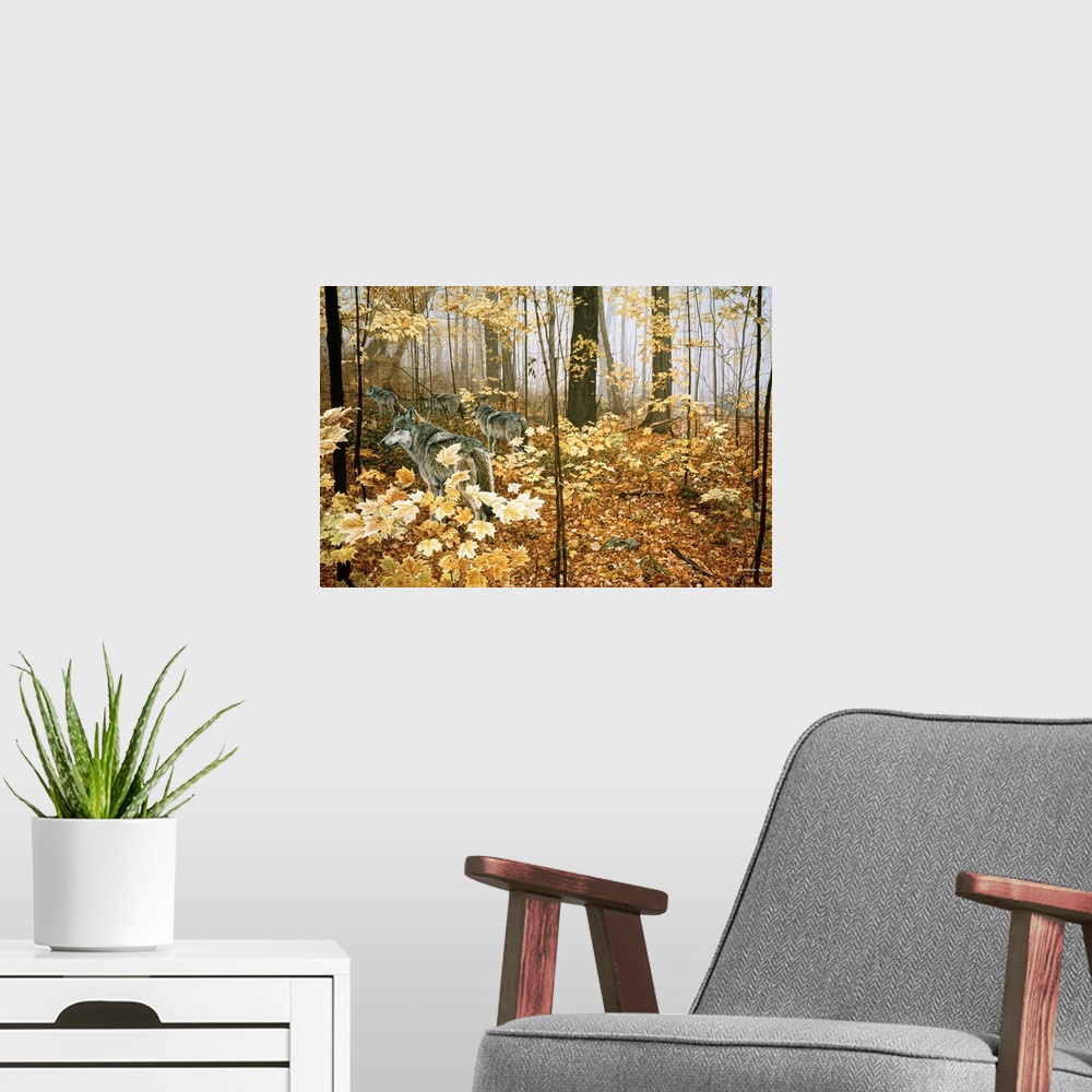 A modern room featuring A group of wolves traveling through an autumn forest.