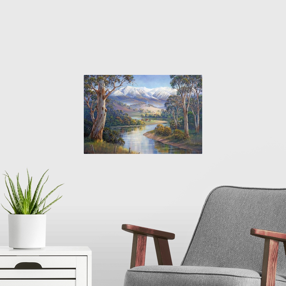 A modern room featuring Contemporary painting of an idyllic river valley scene.