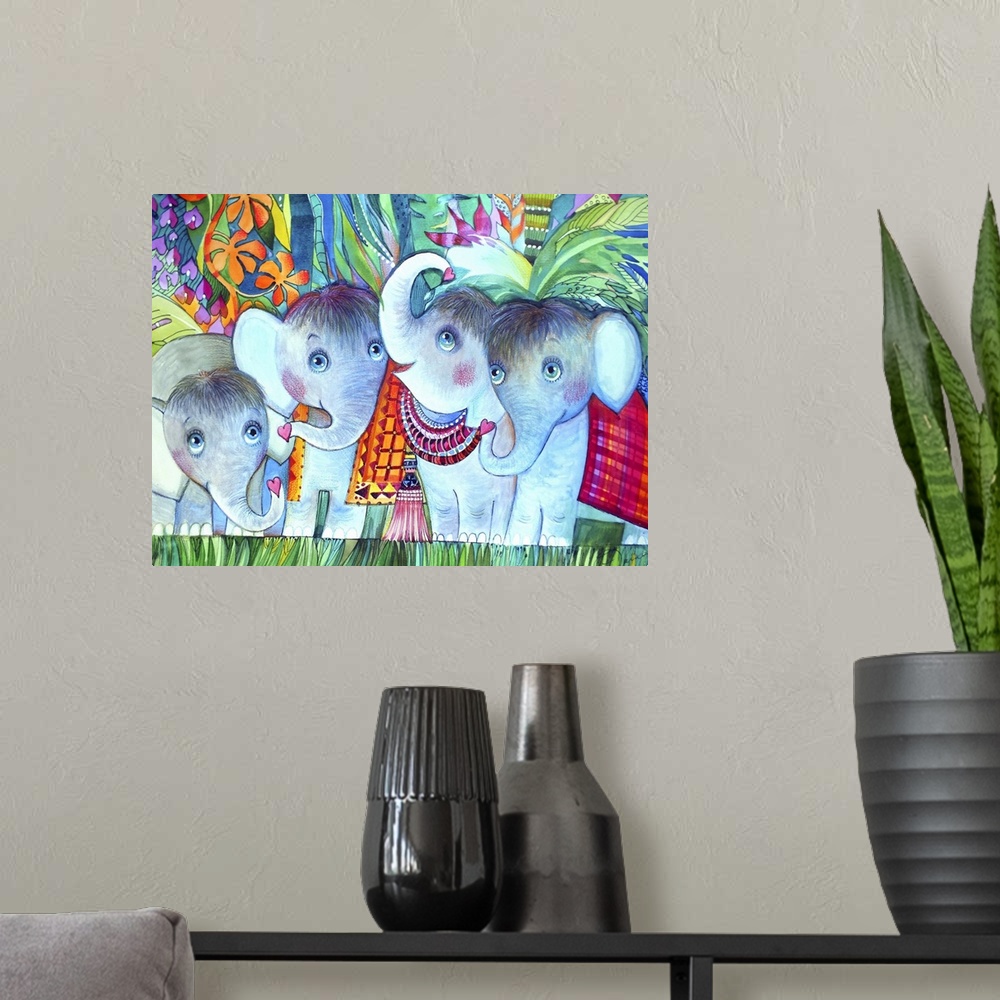 A modern room featuring Watercolor painting of four young elephants in the jungle.