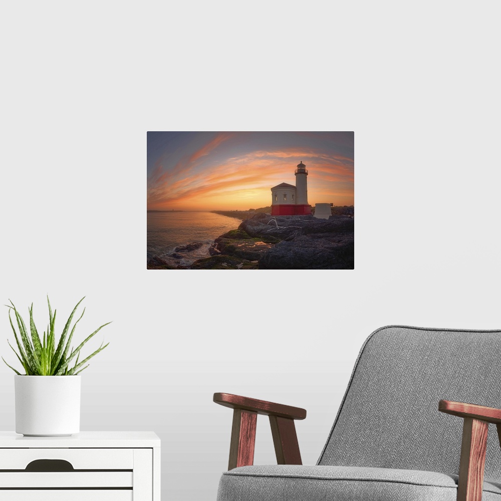 A modern room featuring Coquille River Light in Oregon at sunset.