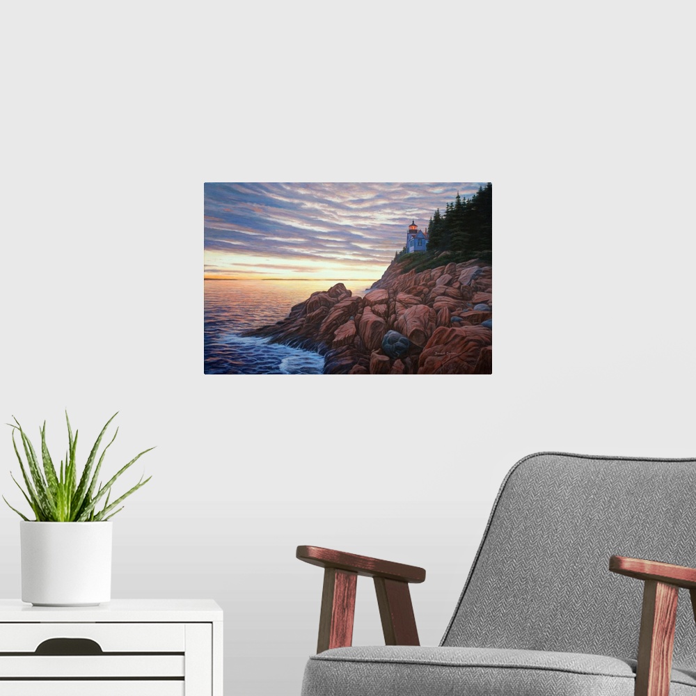 A modern room featuring Contemporary artwork of a view of a rocky sea coast at sunset.