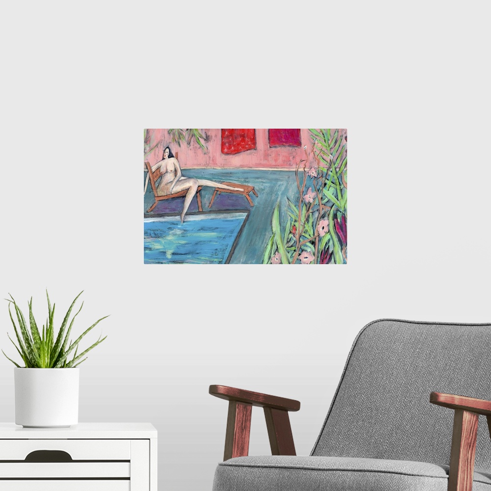 A modern room featuring A nude woman sitting by a swimming pool.