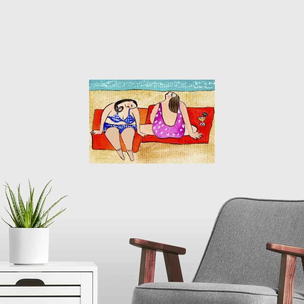 A modern room featuring Two women in swimsuits sitting near the ocean on red towels.