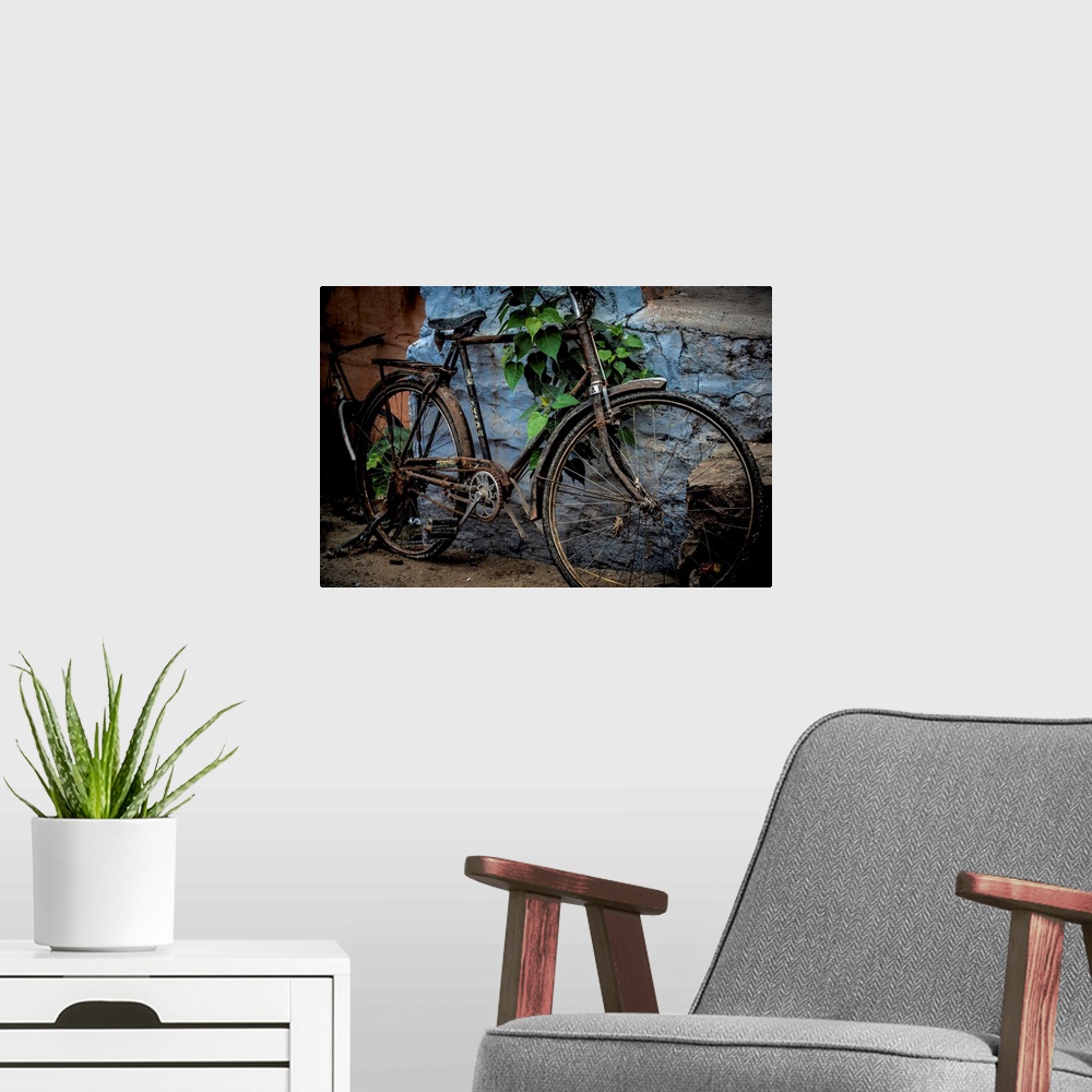 A modern room featuring Photograph of an old bicycle parked next to a bright blue wall.