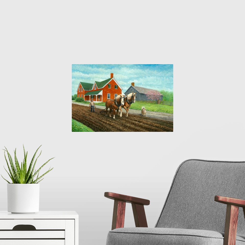 A modern room featuring Contemporary artwork of two horses pulling a plow in a field.