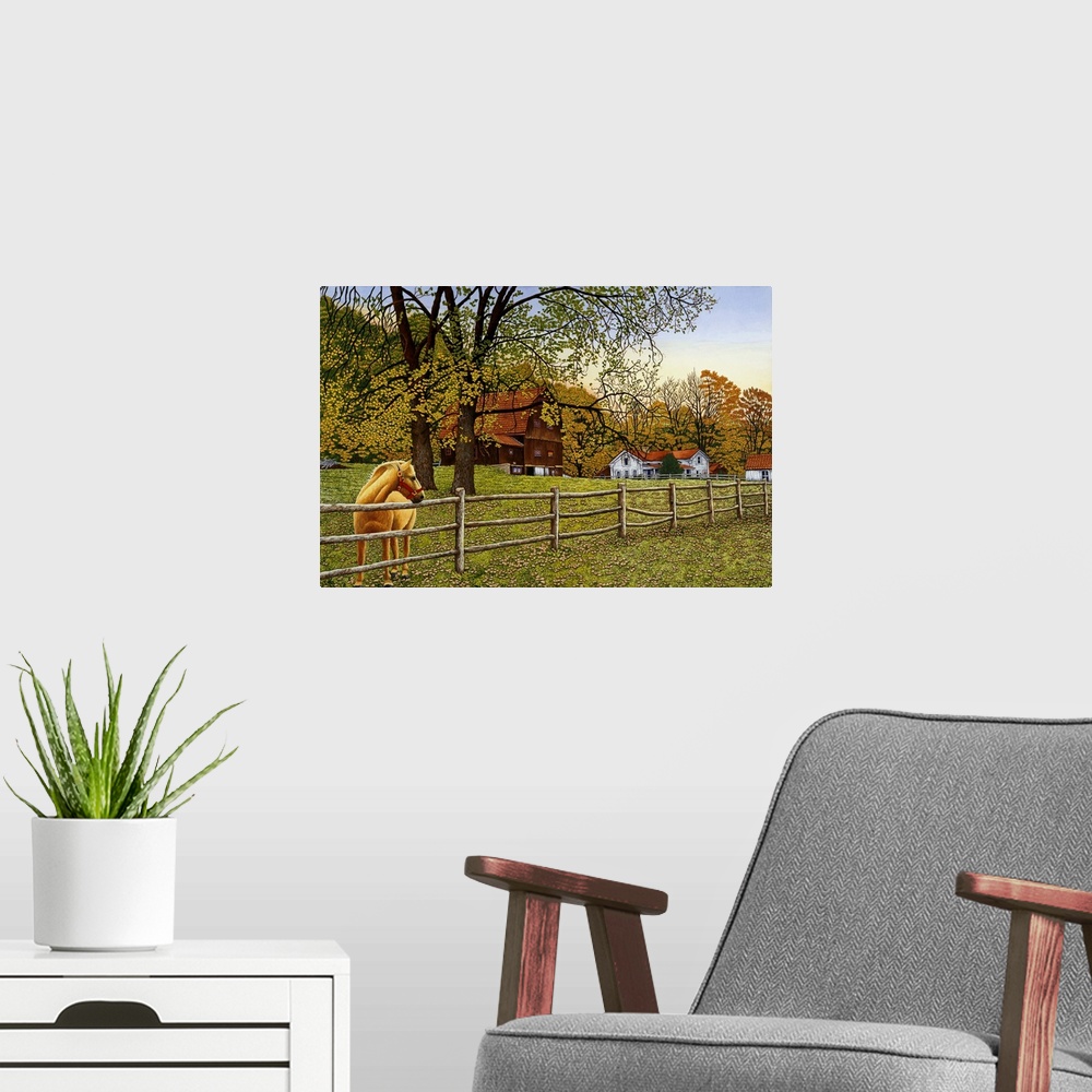 A modern room featuring Contemporary artwork of a serene countryside scene.