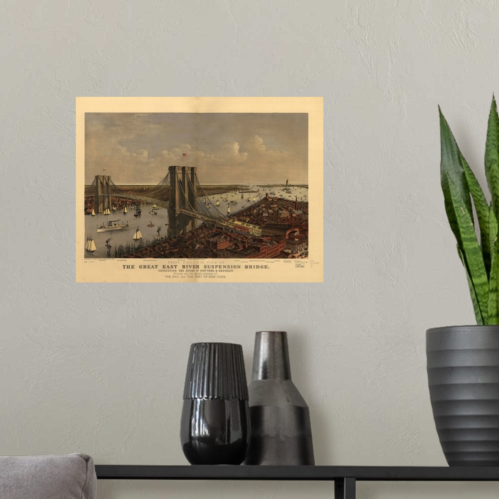 A modern room featuring vintage The Great East River Suspension Bridge