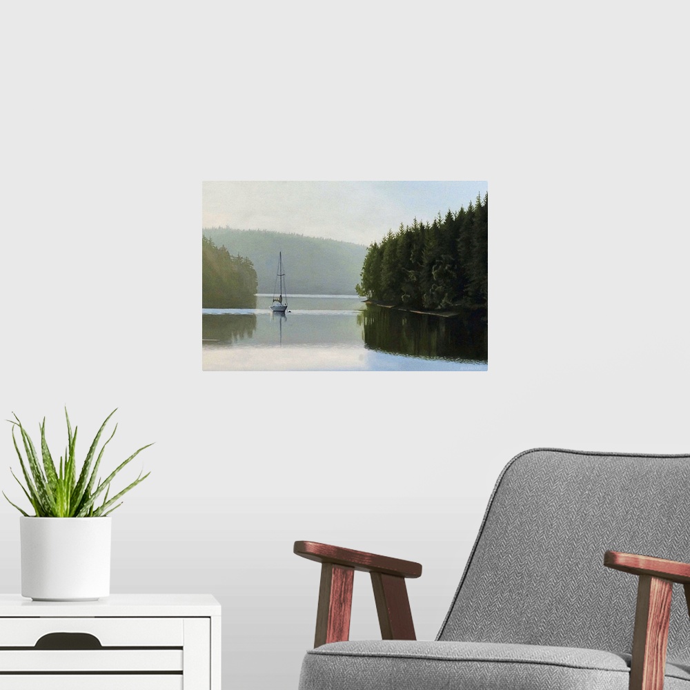 A modern room featuring Contemporary painting of an idyllic wilderness lake scene with a boat in the distance.