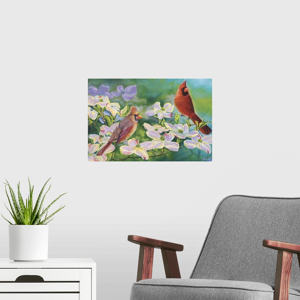 A modern room featuring cardinal pair on dogwoodsbird spring