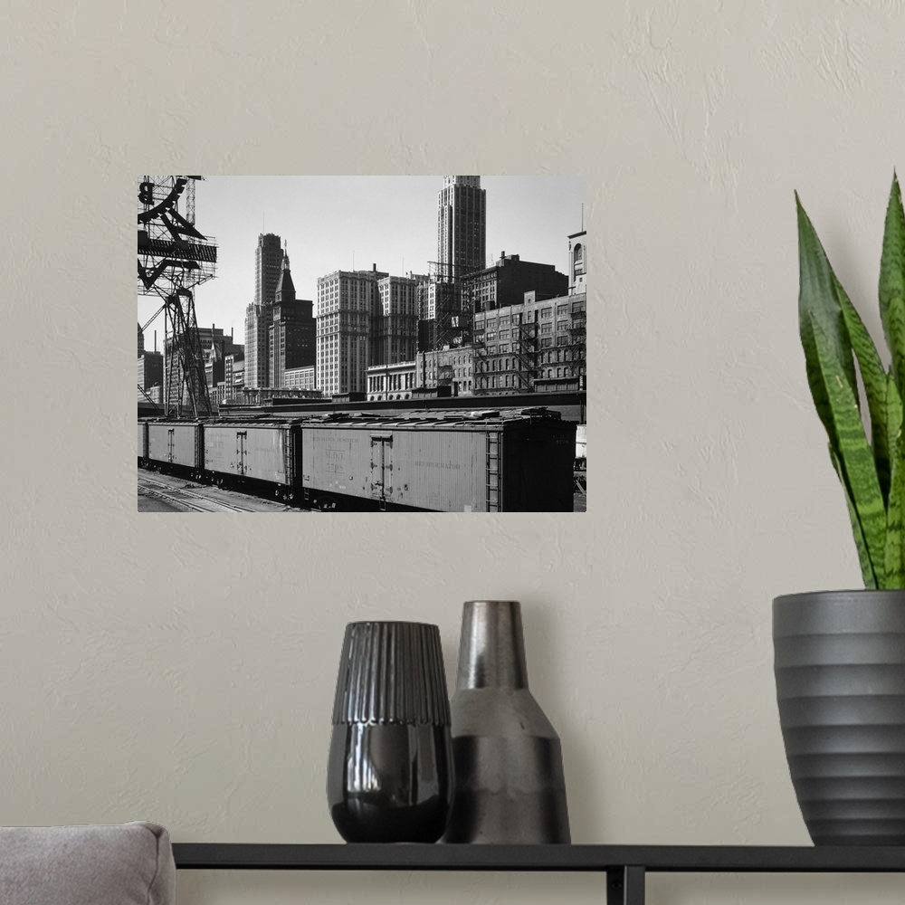 A modern room featuring Chicago Skyline from Water Street