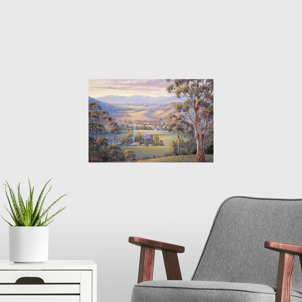 A modern room featuring Contemporary painting of an idyllic countryside valley scene at sunset.