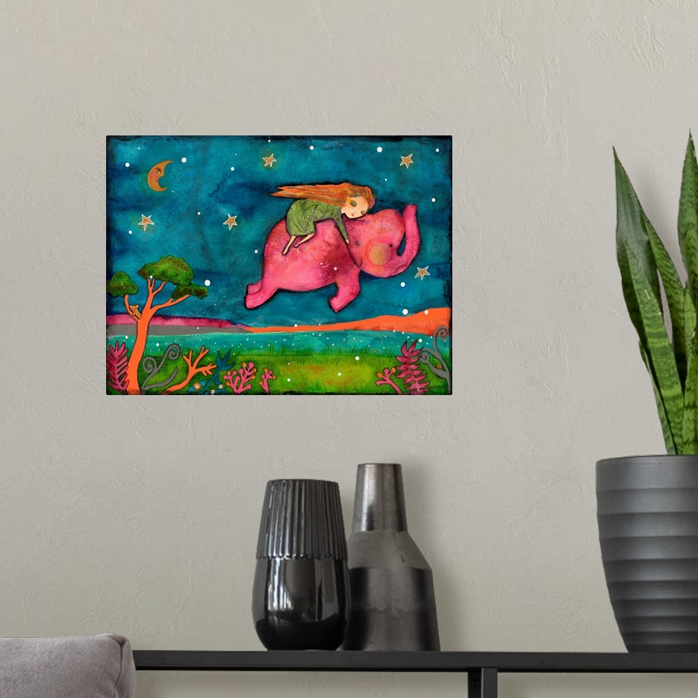 A modern room featuring A girl on a pink elephant flying through the night sky.