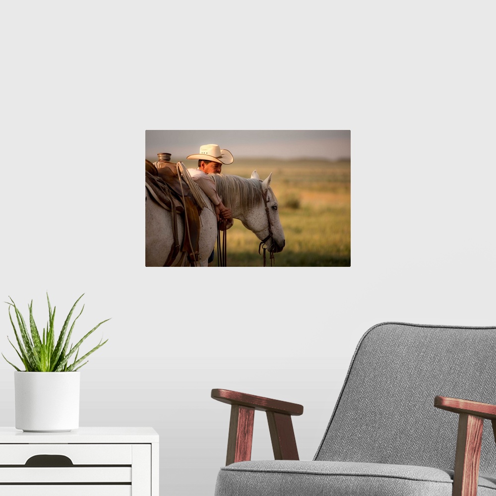 A modern room featuring Cowboy hugging his horse
