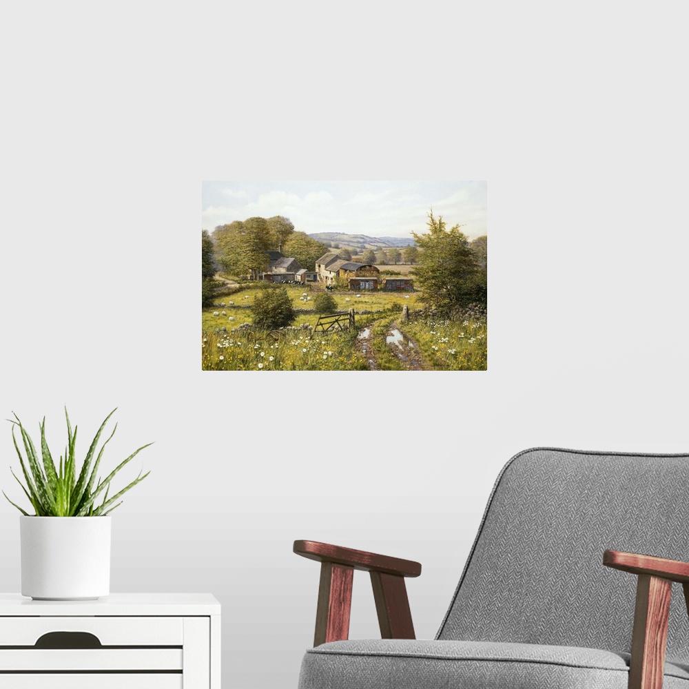 A modern room featuring Contemporary painting of a rural countryside landscape.