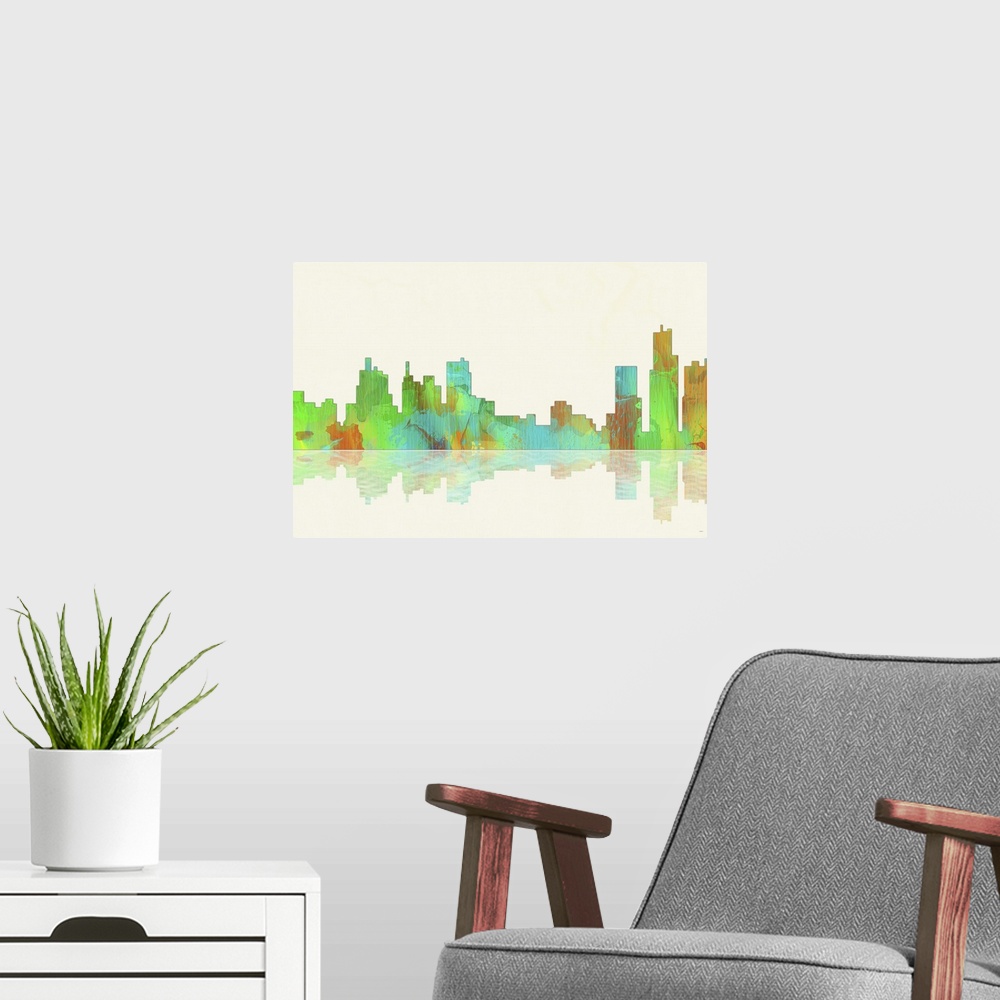 A modern room featuring Contemporary colorful city skyline casting mirror-like reflection.