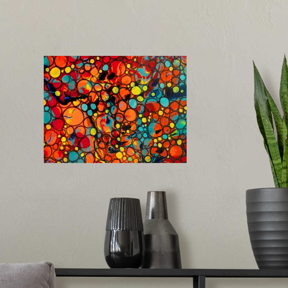 A modern room featuring A contemporary abstract painting of a saturated clustering of what resembles air bubbles with vib...