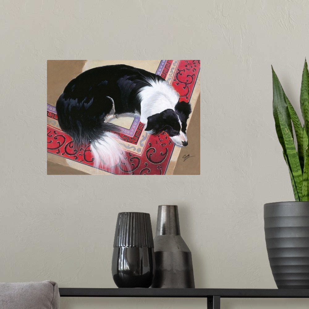 A modern room featuring Contemporary painting of a black and white dog laying on a red oriental rug.