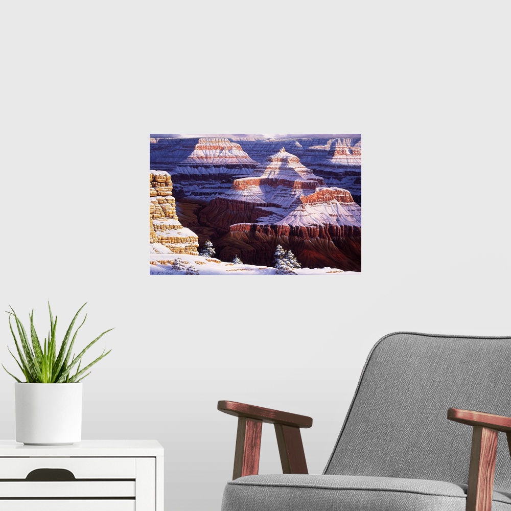 A modern room featuring Contemporary landscape painting of the Grand Canyon in the winter under a fresh snowfall.