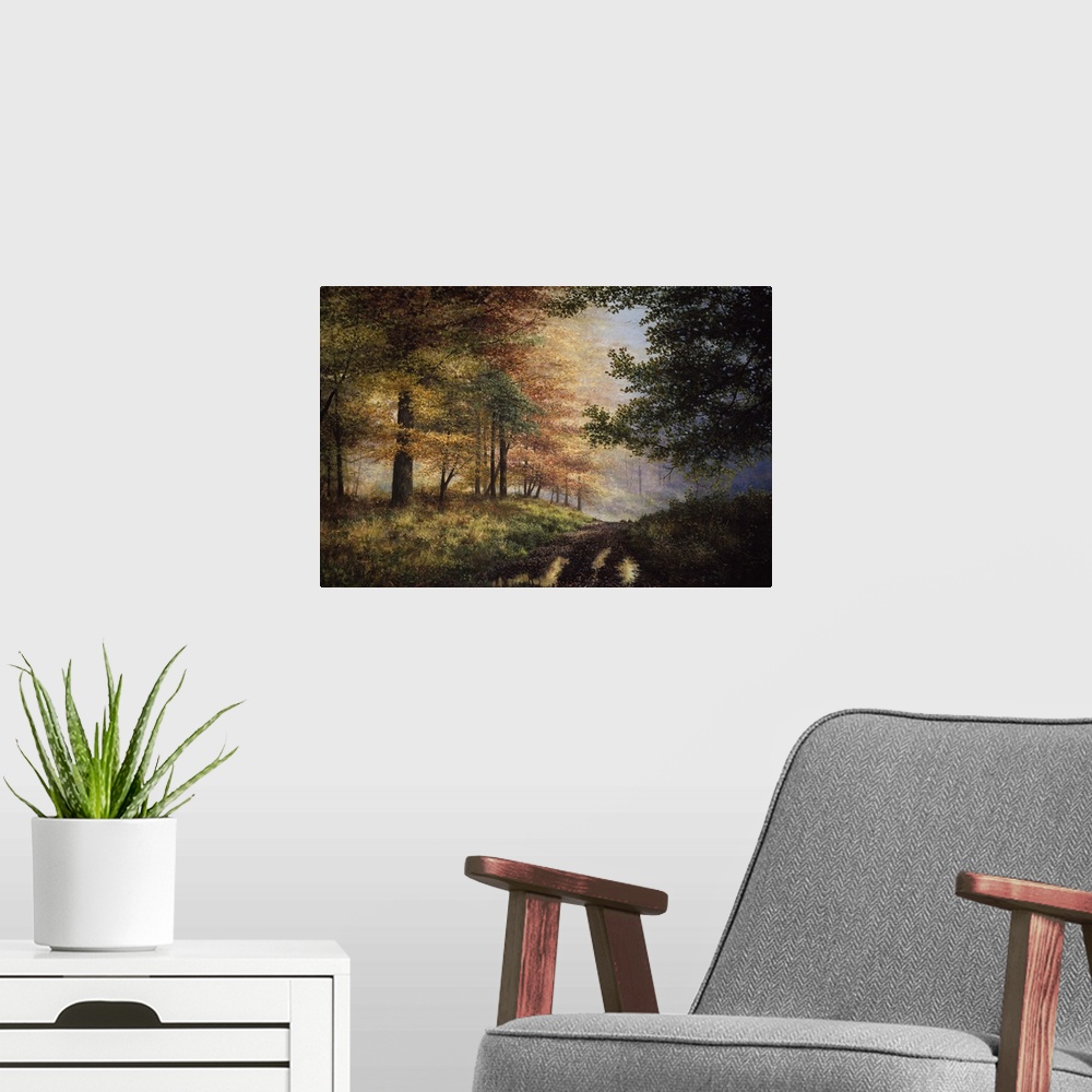 A modern room featuring Contemporary artwork of a path in an autumn forest.