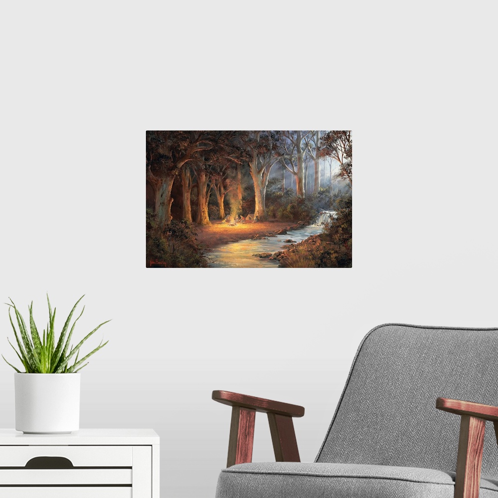 A modern room featuring Contemporary painting of people camping in a forest at night.