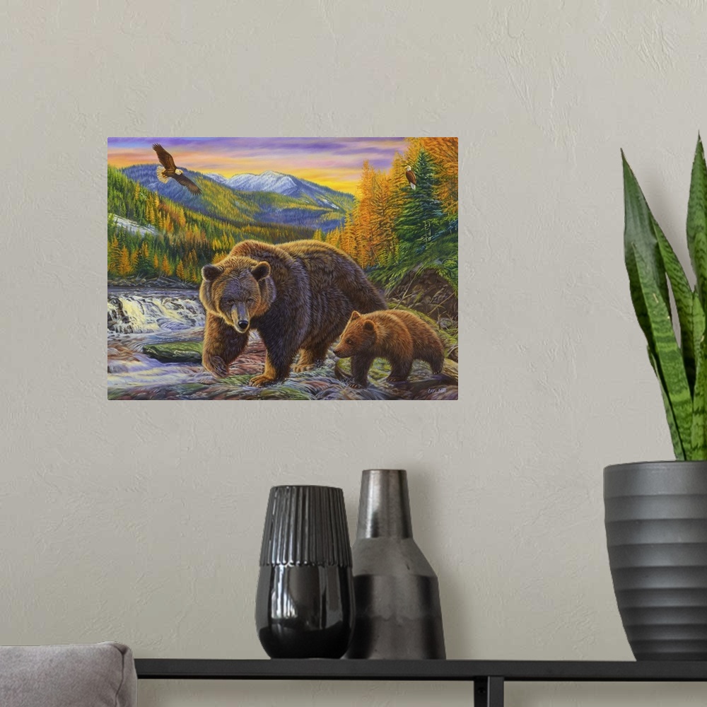 A modern room featuring mama and baby bear walking along a river
