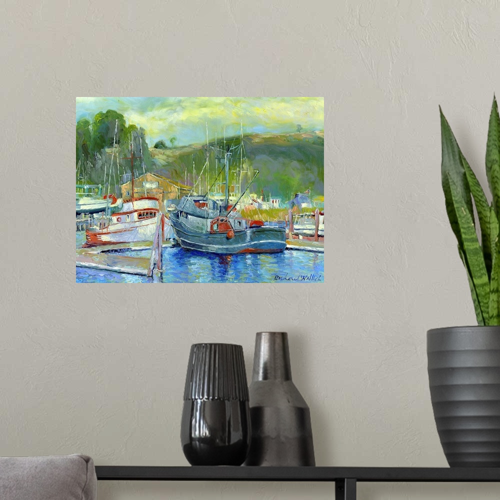 A modern room featuring Harbor filled with fishing boats.