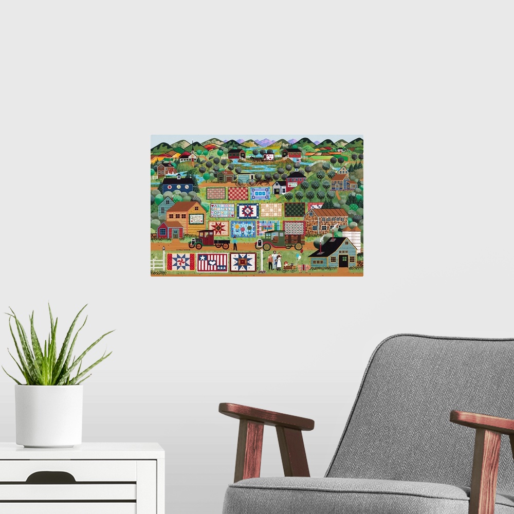 A modern room featuring Contemporary painting of an Americana countryside village scene.