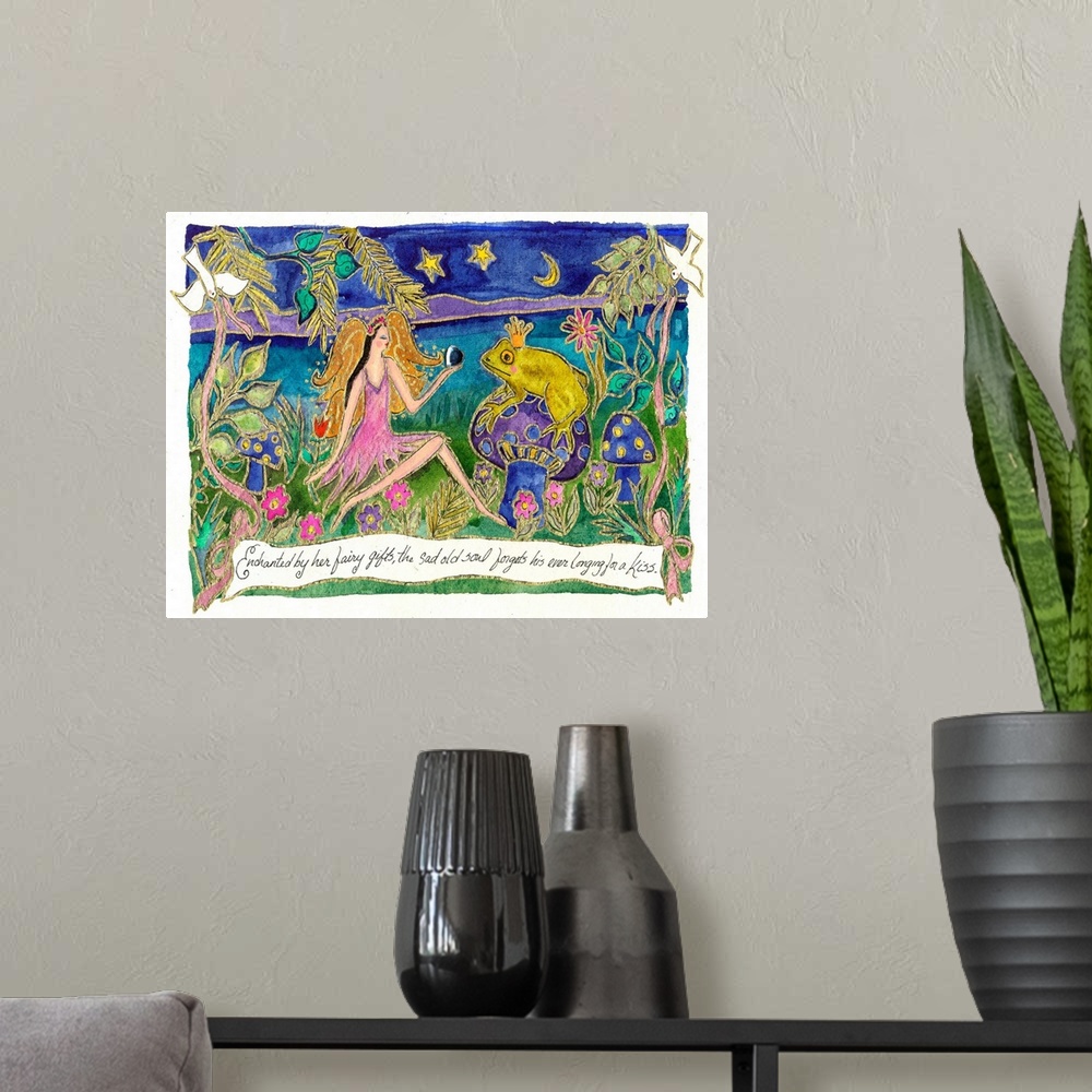 A modern room featuring Painting of a woman talking to a frog on a mushroom wearing a crown.
