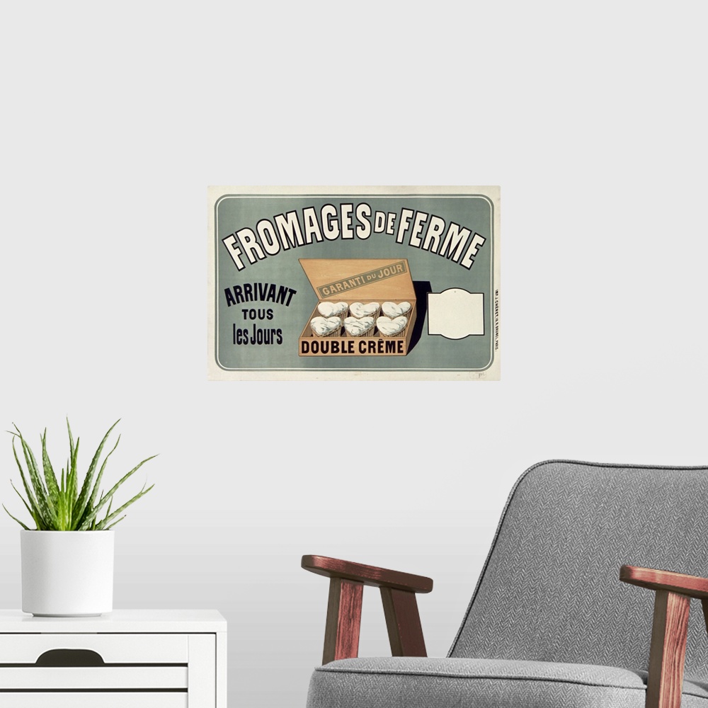 A modern room featuring Vintage poster advertisement for Fromages De Ferme.
