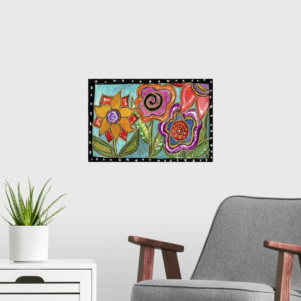 A modern room featuring Several colorful flowers with swirl patterns.