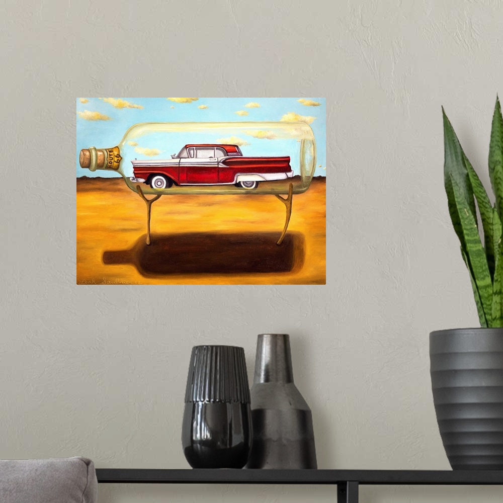 A modern room featuring Surrealist painting of a vintage car sitting inside of a giant glass bottle in a desert landscape.