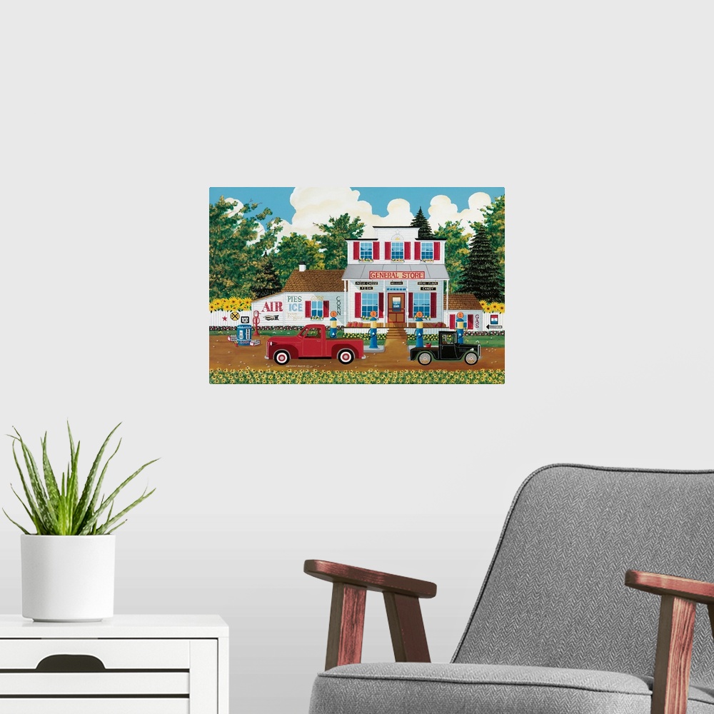 A modern room featuring Contemporary Americana painting of a red pick-up truck parked outside of a country general store.